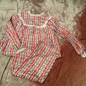 Vtg Lanz of Salzburg Floral Striped Hearts Kids Flannel Ruffled 2 piece Pajamas